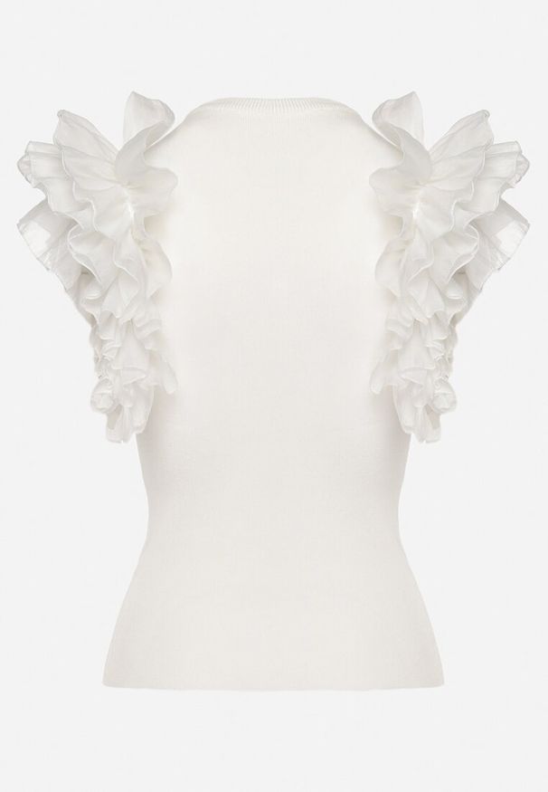 Born2be - Biała Bluzka z Bufkami na Ramionach z Falbanami Fidela. Okazja: na co dzień. Kolor: biały. Materiał: jeans. Styl: elegancki, casual, klasyczny