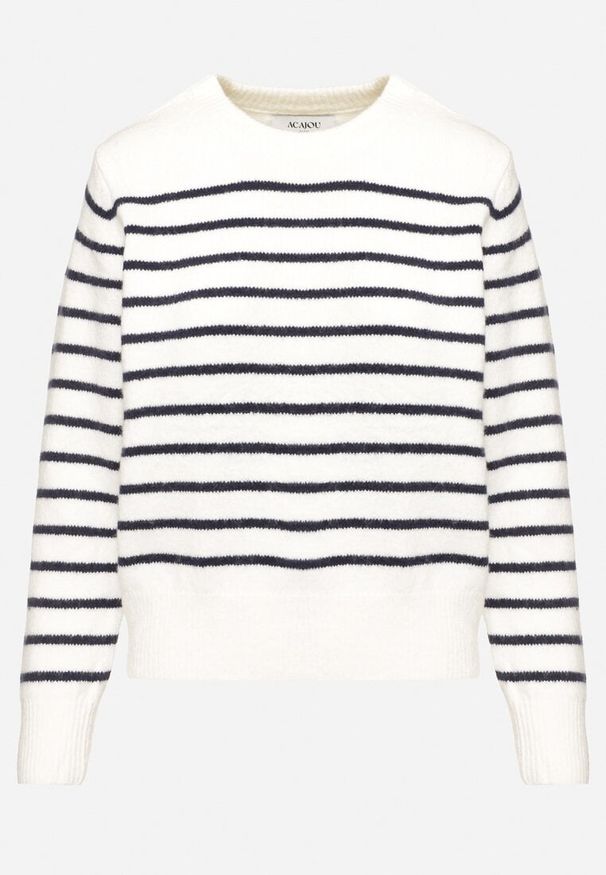 Born2be - Biały Sweter w Paski o Klasycznym Kroju Rialira. Okazja: na co dzień. Kolor: biały. Materiał: jeans. Długość rękawa: długi rękaw. Długość: długie. Wzór: paski. Styl: klasyczny