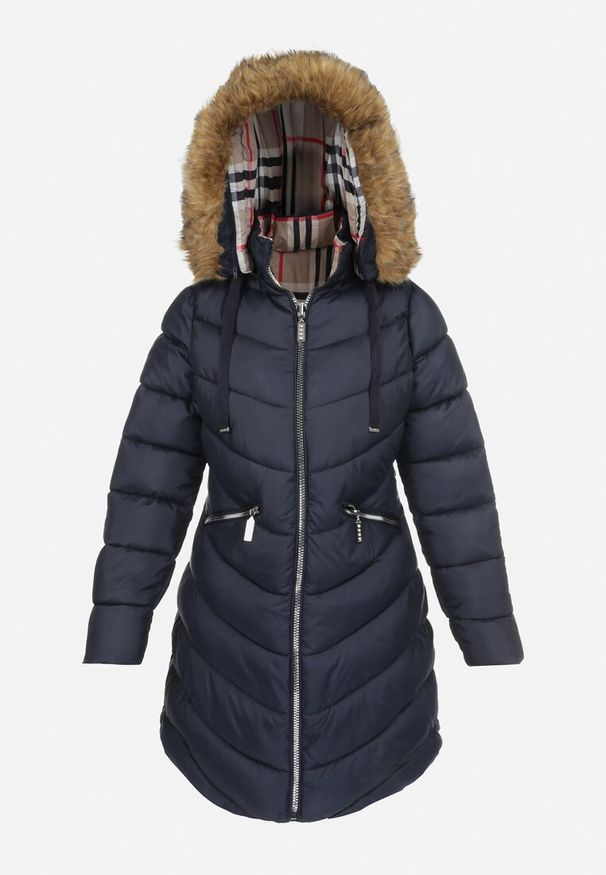 Born2be - Granatowa Kurtka Dwustronna z Kapturem Fiya. Okazja: na co dzień. Typ kołnierza: kaptur. Kolor: niebieski. Materiał: jeans, tkanina, futro. Wzór: kratka, aplikacja, gładki. Sezon: jesień, zima. Styl: klasyczny, casual