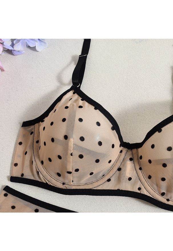 Intica - Komplet bielizny w kropki z regulowanymi ramiączkami na romantyczne wieczory Nynke. Kolor: beżowy. Materiał: materiał. Wzór: kropki