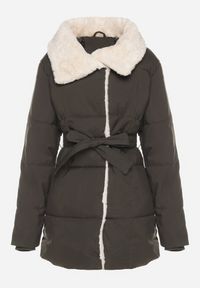 Born2be - Ciemnozielona Pikowana Kurtka z Futerkowym Kołnierzem i Wiązanym Paskiem Seratta. Okazja: na co dzień. Kolor: zielony. Materiał: jeans. Styl: casual, elegancki #3