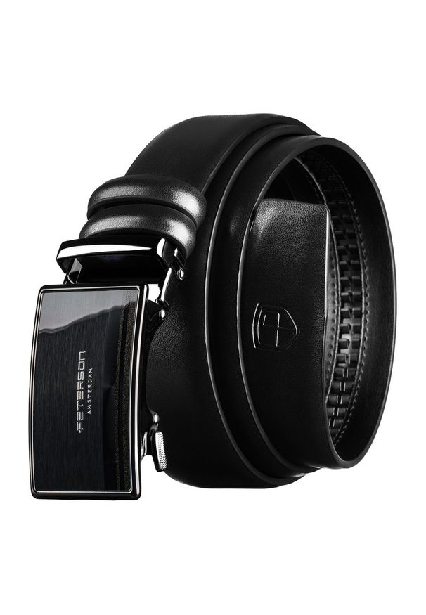 Skórzany pasek męski w czarnym kolorze z automatyczną klamrą Peterson PTN A021-AB-BLACK. Kolor: czarny. Materiał: skóra. Styl: elegancki