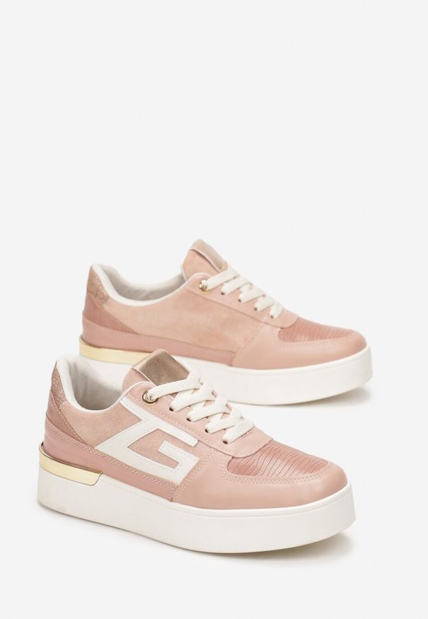 Renee - Różowe Sznurowane Sneakersy na Grubej Podeszwie z Metaliczną Wstawką Faeline. Kolor: różowy. Materiał: materiał