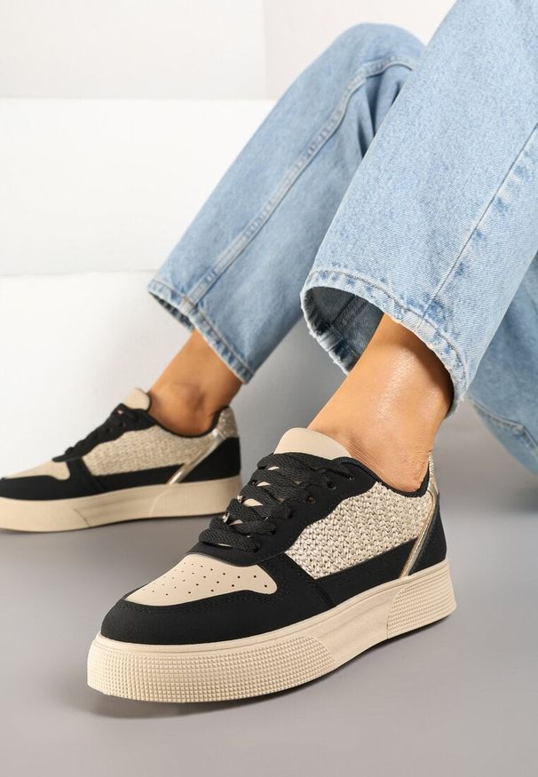 Born2be - Beżowo-Czarne Sneakersy na Grubej Podeszwie z Brokatem Perforacją i Plecionką Mirreina. Okazja: na co dzień. Kolor: beżowy. Materiał: jeans