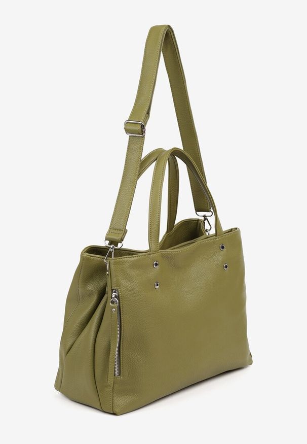 Born2be - Zielona Torebka Dwukomorowa Shopperka z Ozdobnym Suwakiem Sorlienne. Kolor: zielony. Styl: elegancki, casual