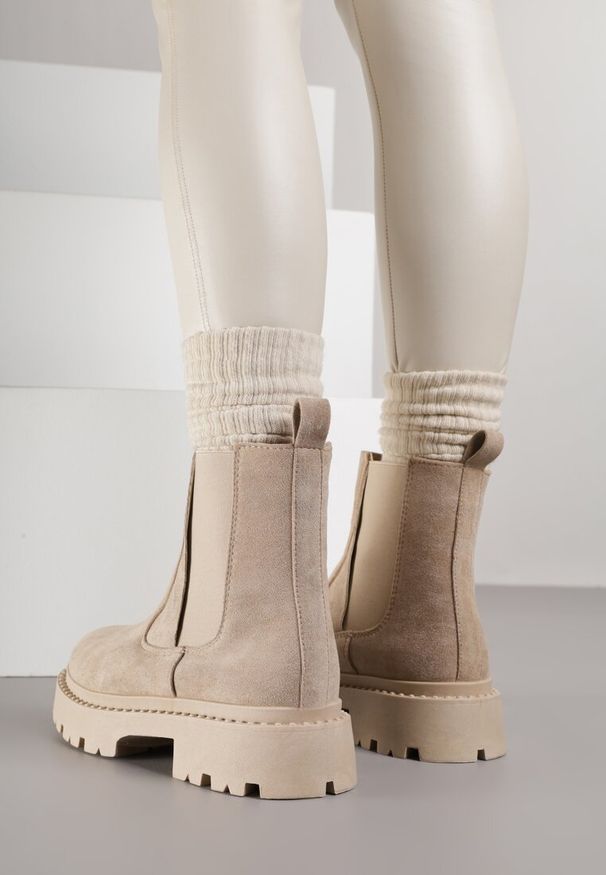 Born2be - Beżowe Botki Sztyblety na Platformie Oppore. Okazja: na co dzień. Kolor: beżowy. Materiał: jeans. Obcas: na platformie. Styl: elegancki, casual, rockowy, wizytowy. Wysokość obcasa: średni