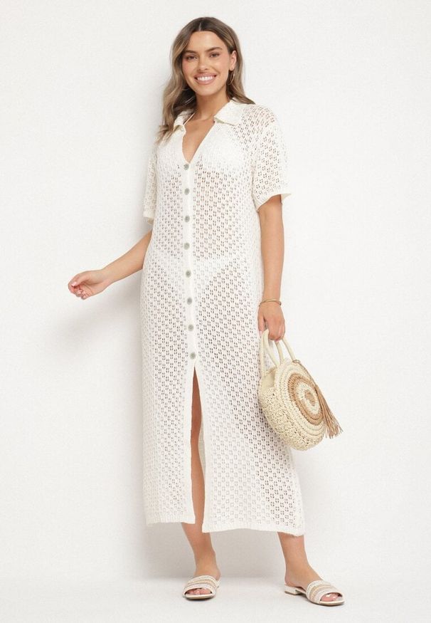 Born2be - Jasnobeżowa Siateczkowa Sukienka Koszulowa z Bawełną Folaris. Okazja: na co dzień. Kolor: beżowy. Materiał: bawełna. Sezon: lato. Typ sukienki: koszulowe. Styl: casual, elegancki