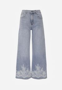 Renee - Niebieskie Jeansy Szerokie w Stylu Boho z Ozdobnym Nadrukiem na Nogawkach Endippe. Okazja: na imprezę. Kolor: niebieski. Wzór: nadruk. Sezon: lato. Styl: boho #6
