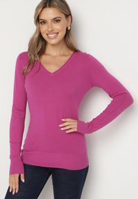 Born2be - Fioletowy Sweter Klasyczny z Trójkątnym Dekoltem z Domieszką Kaszmiru Taielle. Okazja: do pracy, na co dzień. Kolor: fioletowy. Materiał: kaszmir. Styl: klasyczny #4