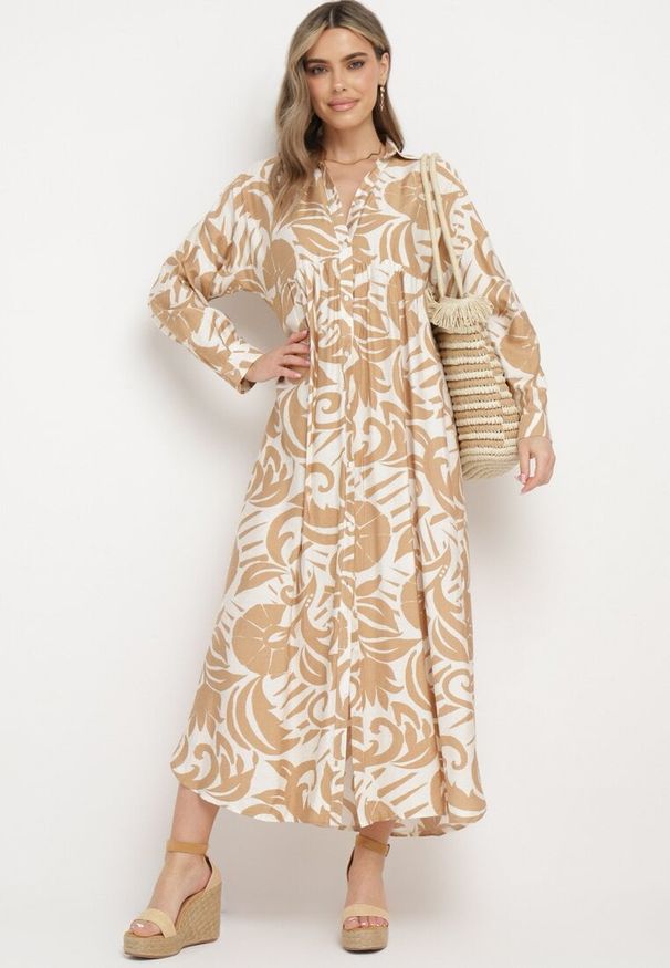 Born2be - Beżowa Sukienka Szmizjerka Zapinana na Guziki z Falbanką Lavernia. Okazja: na randkę, na co dzień. Typ kołnierza: kołnierz z falbankami, dekolt w kształcie V. Kolor: beżowy. Materiał: jeans, materiał, wiskoza. Długość rękawa: długi rękaw. Typ sukienki: szmizjerki. Styl: klasyczny, casual, elegancki