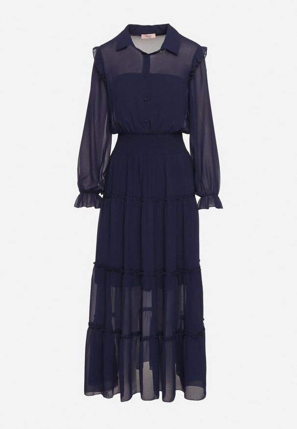 Born2be - Granatowa Rozkloszowana Sukienka VICES Koszulowa w Stylu Retro Aravite. Okazja: na co dzień. Typ kołnierza: kołnierz z falbankami, kołnierzyk klasyczny, dekolt w kształcie V. Kolor: niebieski. Długość rękawa: długi rękaw. Typ sukienki: koszulowe. Styl: retro