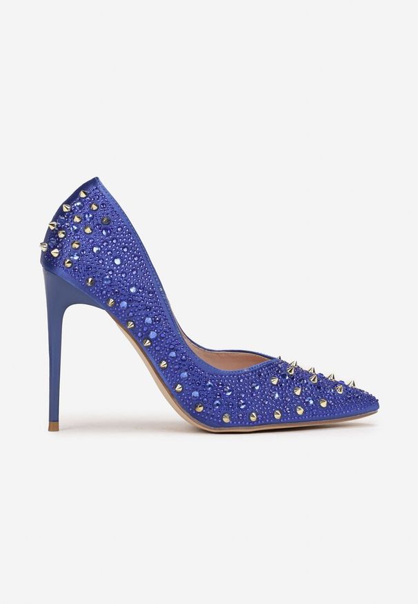 Renee - Niebieskie Szpilki Satynowe z Cyrkoniami Kimi. Nosek buta: szpiczasty. Kolor: niebieski. Materiał: satyna. Wzór: aplikacja. Obcas: na szpilce. Styl: glamour, elegancki. Wysokość obcasa: wysoki