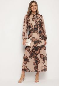Born2be - Ciemnobeżowa Pudełkowa Sukienka w Kwiaty z Paskiem Nifle. Okazja: na co dzień. Kolor: beżowy. Materiał: skóra. Wzór: kwiaty. Styl: casual, elegancki #7