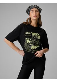 4f - 4F T-shirt loose z nadrukiem damski - czarny M. Okazja: na co dzień. Kolor: czarny. Materiał: dzianina, jeans, materiał. Wzór: nadruk. Styl: casual, klasyczny #1