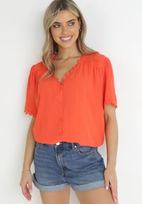 Born2be - Pomarańczowa Koszula z Koronką Hannali. Kolor: pomarańczowy. Materiał: koronka. Wzór: koronka