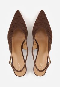 Renee - Ciemnobrązowe Czółenka Slingback VICES na Kaczuszce z Ażurową Cholewką Klephei. Zapięcie: pasek. Kolor: brązowy. Materiał: jeans, skóra, koronka. Szerokość cholewki: normalna. Wzór: ażurowy. Obcas: na szpilce #8