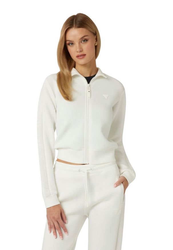Guess - GUESS Biała bluza damska z lampasami New Allie Scuba. Kolor: biały. Materiał: materiał