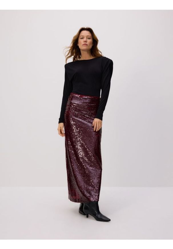 Reserved - Cekinowa spódnica maxi - bordowy. Kolor: czerwony. Materiał: tkanina