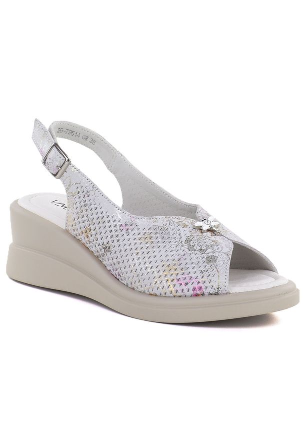 Skórzane sandały damskie na koturnie szare Vinceza 26-79614. Kolor: szary. Materiał: skóra. Obcas: na koturnie