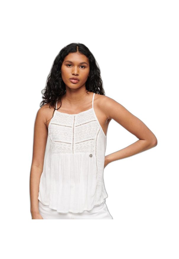 Koronkowy podkoszulek damski Superdry Vintage. Kolor: biały. Materiał: koronka. Sezon: lato. Styl: vintage