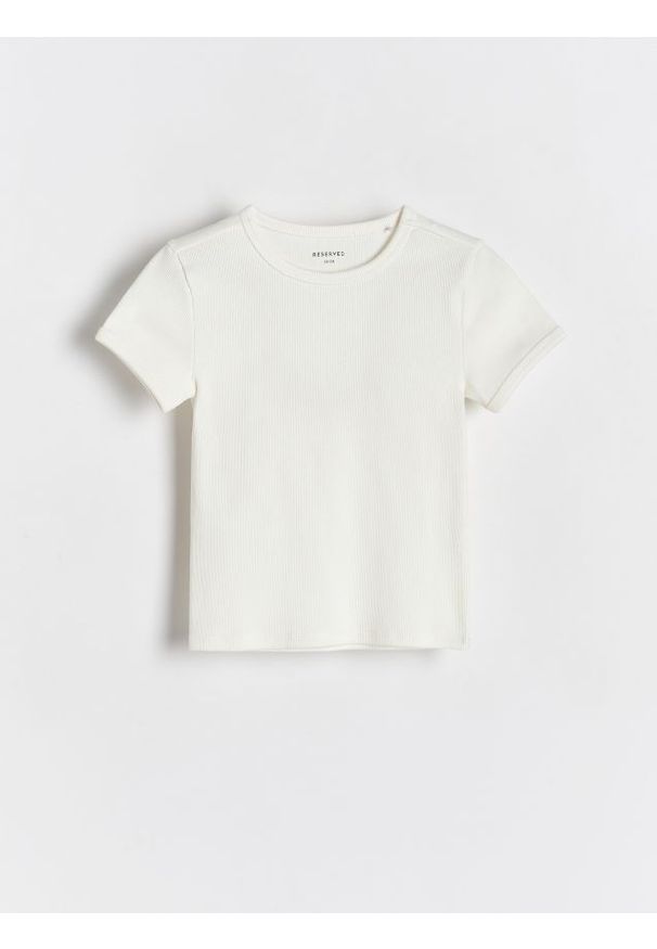 Reserved - Bawełniany t-shirt w prążki - złamana biel. Materiał: bawełna. Wzór: prążki