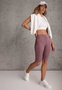 Renee - Fioletowe Szorty Bikery High Waist z Wyszczuplającym Pasem Briarrose. Okazja: na co dzień. Stan: podwyższony. Kolor: fioletowy. Materiał: len. Styl: casual, sportowy #4