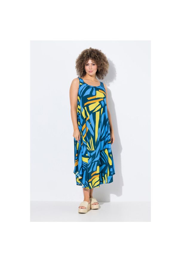 ULLA POPKEN - Damskie Sukienka midi abstrakcyjny nadruk krój trapezowy okrągły dekolt. Kolekcja: plus size. Kolor: niebieski. Materiał: materiał, wiskoza. Długość rękawa: bez rękawów. Wzór: nadruk. Typ sukienki: trapezowe. Styl: sportowy. Długość: midi