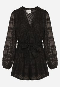 Born2be - Czarny Krótki Kombinezon z Siateczkowymi Rękawami i Wiązanym Paskiem Zenalea. Okazja: na randkę, na imprezę. Kolor: czarny. Długość: krótkie. Styl: elegancki #6