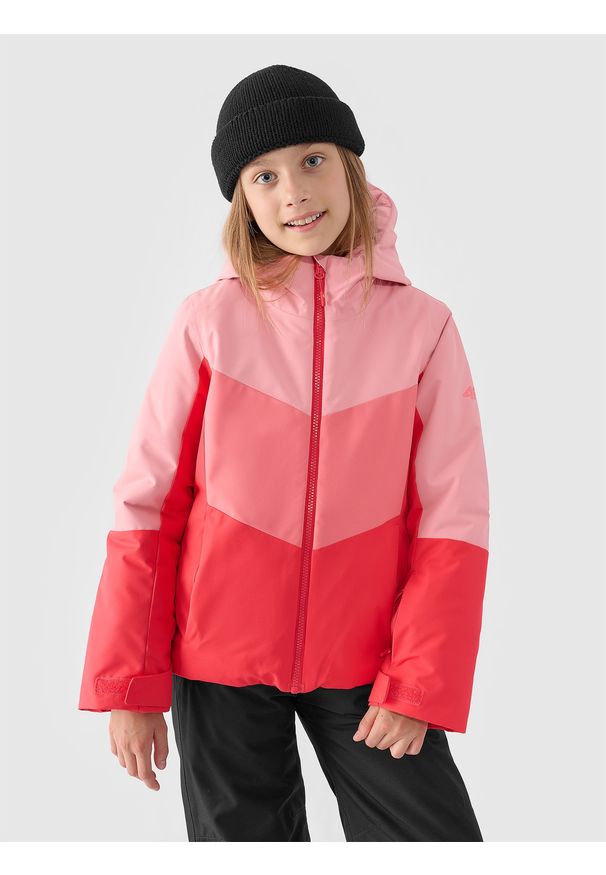 4f - 4F Kurtka narciarska membrana 8000 dziewczęca - czerwona 152 (11-12 lat). Okazja: na co dzień. Typ kołnierza: kaptur. Kolor: czerwony. Materiał: dzianina, tkanina, syntetyk, materiał, poliester. Sezon: lato. Styl: casual, klasyczny, sportowy
