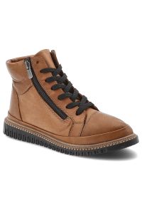Brązowe Botki Artiker Wygodne Obuwie Damskie. Okazja: na co dzień. Zapięcie: sznurówki. Kolor: brązowy. Materiał: skóra, jeans. Styl: klasyczny, casual, elegancki