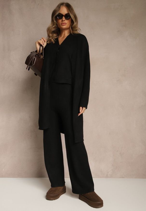 Renee - Czarny Komplet z Dzianiny z Wełną Długi Kardigan Spodnie i Kamizelka Otizane. Kolekcja: plus size. Kolor: czarny. Materiał: wełna, dzianina. Wzór: aplikacja