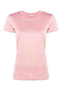 MONCLER - Różowa koszulka z logo. Kolor: różowy, wielokolorowy, fioletowy. Materiał: dresówka, bawełna. Wzór: aplikacja. Sezon: wiosna. Styl: sportowy #4