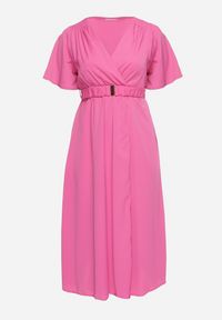 Born2be - Różowa Sukienka z Kopertowym Dekoltem z Gumką w Pasie i Paskiem z Metalową Klamerką Teseri. Typ kołnierza: dekolt kopertowy. Kolor: różowy. Wzór: aplikacja. Typ sukienki: kopertowe #4