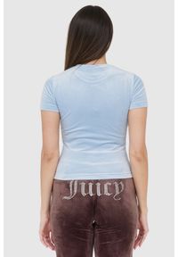 Juicy Couture - JUICY COUTURE Błękitny welurowy t-shirt z błyszczącym logo. Kolor: niebieski. Materiał: welur