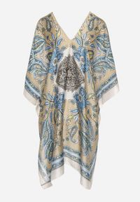 Born2be - Beżowe Lekkie Ponczo Narzutka z Jedwabiu i Wiskozy w Ornamentalny Wzór Azendia. Okazja: na spacer, na plażę, na co dzień. Typ kołnierza: dekolt w kształcie V. Kolor: beżowy. Materiał: jedwab, wiskoza. Wzór: aplikacja. Sezon: lato. Styl: casual, klasyczny #2