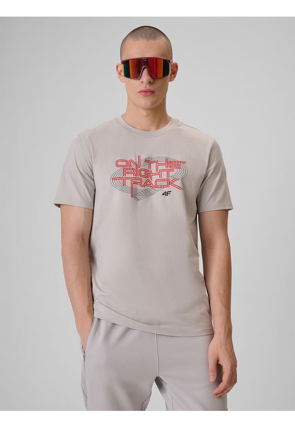 4f - 4F T-shirt regular z nadrukiem męski - szary S. Okazja: na co dzień. Kolor: szary. Materiał: jeans, bawełna, dresówka, dzianina. Wzór: nadruk. Styl: klasyczny, casual