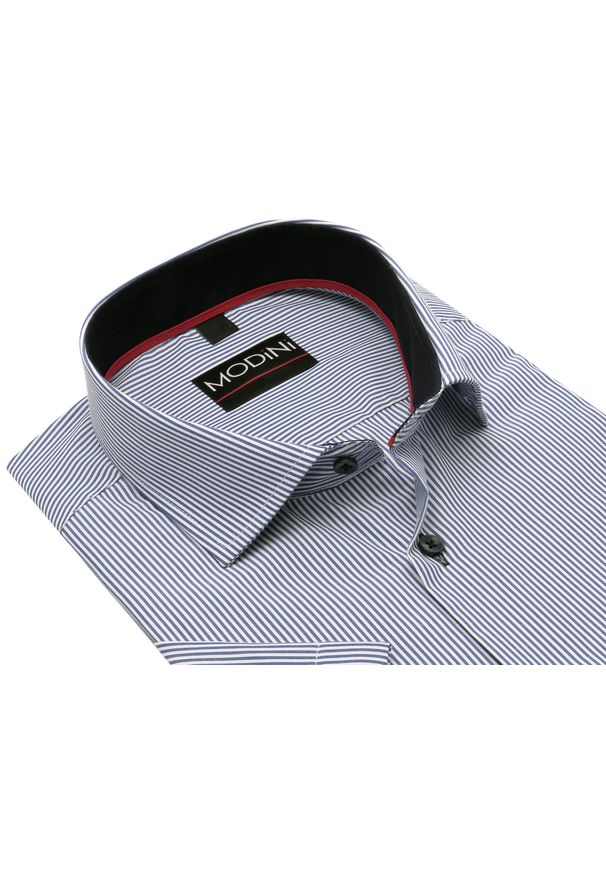 Modini - Koszula męska z krótkim rękawem w biało-niebieski prążek MODINI DK11. Kolor: niebieski, biały, wielokolorowy. Materiał: tkanina, poliester, bawełna, elastan. Długość rękawa: krótki rękaw. Długość: krótkie. Wzór: prążki