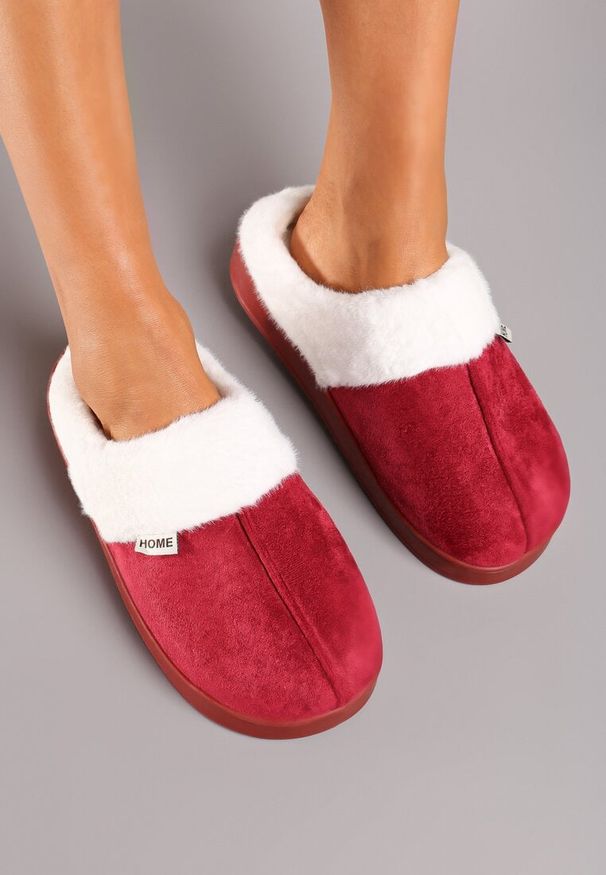 Born2be - Bordowe Płaskie Kapcie z Futerkiem Leretha. Okazja: do domu. Kolor: czerwony. Materiał: futro. Styl: elegancki