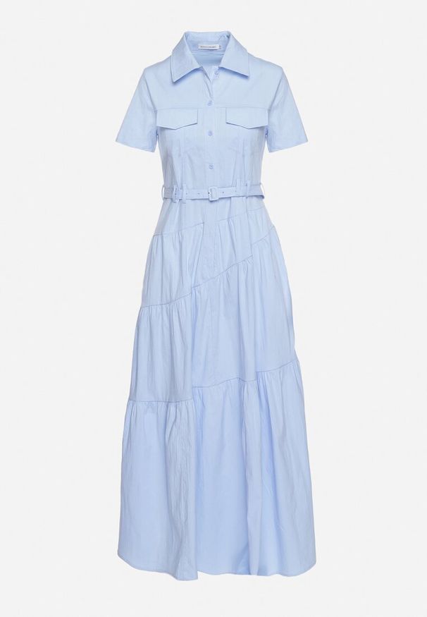 Born2be - Niebieska Taliowana Sukienka z Bawełny w Koszulowym Stylu z Imitacją Kieszeni Masefia. Okazja: na co dzień. Kolor: niebieski. Materiał: bawełna. Wzór: aplikacja. Typ sukienki: koszulowe. Styl: wizytowy, casual, elegancki