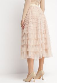 Born2be - Beżowa Rozkloszowana Spódnica Maxi z Falbankami z Tiulu Davena. Kolor: beżowy. Materiał: tiul. Wzór: aplikacja #4