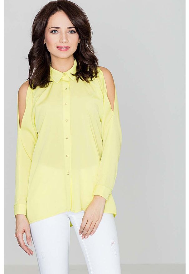 Katrus - Unikatowa Żółta Koszula z Wycięciami na Ramionach. Kolor: żółty. Materiał: poliester, wiskoza, elastan