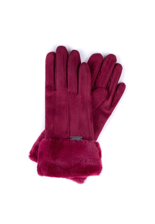Wittchen - Damskie rękawiczki ze sztucznym futerkiem bordowe. Kolor: czerwony. Materiał: poliester