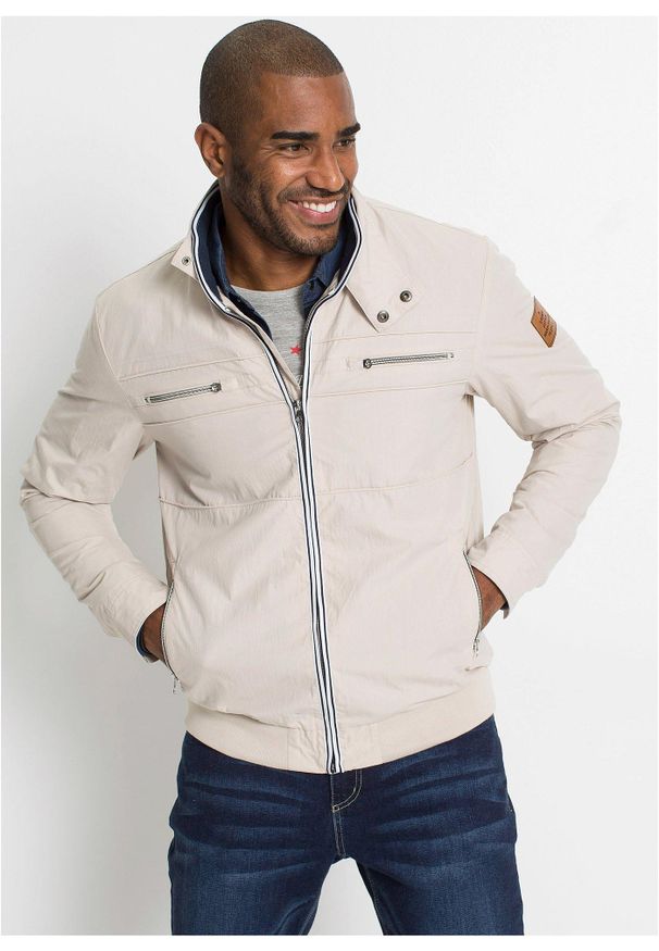 bonprix - Kurtka przejściowa o kroju bomberki ze stójką. Typ kołnierza: kołnierzyk stójkowy. Kolor: szary. Wzór: aplikacja. Styl: sportowy