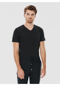 Pako Lorente - PAKO LORENTE – Czarny gładki t-shirt v-neck. Kolor: czarny, biały. Materiał: bawełna, elastan. Wzór: gładki