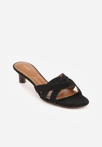 Born2be - Czarne Klapki VICES na Kaczuszkowym Obcasie z Przeplatanymi Paskami Merose. Okazja: na co dzień. Kolor: czarny. Materiał: jeans. Wzór: paski. Obcas: na obcasie. Styl: casual, elegancki. Wysokość obcasa: średni #3