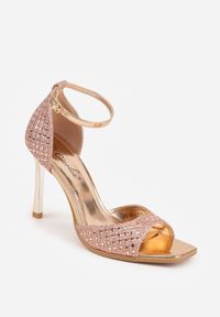 Renee - Szampańskie Cyrkoniowe Sandały na Szpilce z Kwadratowym Noskiem Sororia. Okazja: na imprezę. Kolor: złoty. Materiał: skóra. Wzór: aplikacja. Obcas: na szpilce. Styl: glamour, elegancki #2