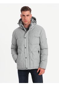 Ombre Clothing - Męska casualowa kurtka puffer z wełną – jasnoszary melanż V3 OM-JAHP-0203 - XXL. Okazja: na co dzień. Typ kołnierza: kołnierzyk stójkowy. Kolor: szary. Materiał: wełna. Długość: długie. Wzór: melanż. Styl: casual #4