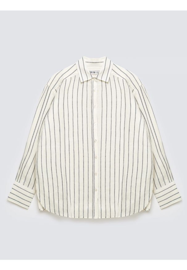 Big-Star - Lniana koszula damska w prążek biała Lamena 100. Okazja: na co dzień, na spotkanie biznesowe. Kolor: biały. Materiał: len. Wzór: prążki. Sezon: wiosna, lato. Styl: casual, biznesowy, klasyczny