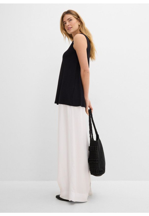 bonprix - Długi top z mieszanki wiskozy. Typ kołnierza: dekolt w serek. Kolor: czarny. Materiał: wiskoza. Długość: długie. Wzór: nadruk, aplikacja