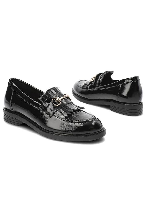 Czarne Mokasyny Armodo Eleganckie Obuwie Damskie. Okazja: na co dzień. Zapięcie: klamry. Kolor: czarny. Materiał: skóra, lakier. Wzór: aplikacja. Obcas: na obcasie. Styl: elegancki. Wysokość obcasa: niski